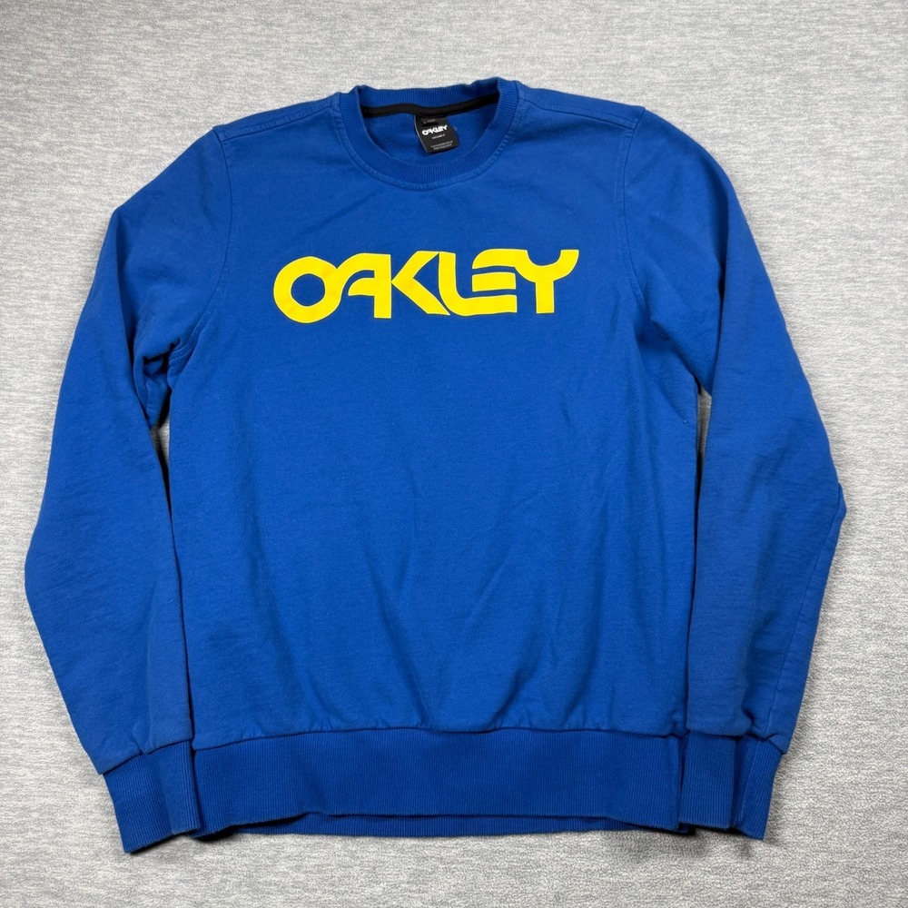 Oakley Sweatshirt Men M Blue Yellow Logo Custom Fit Fleece Crew Neck‎ Pullover